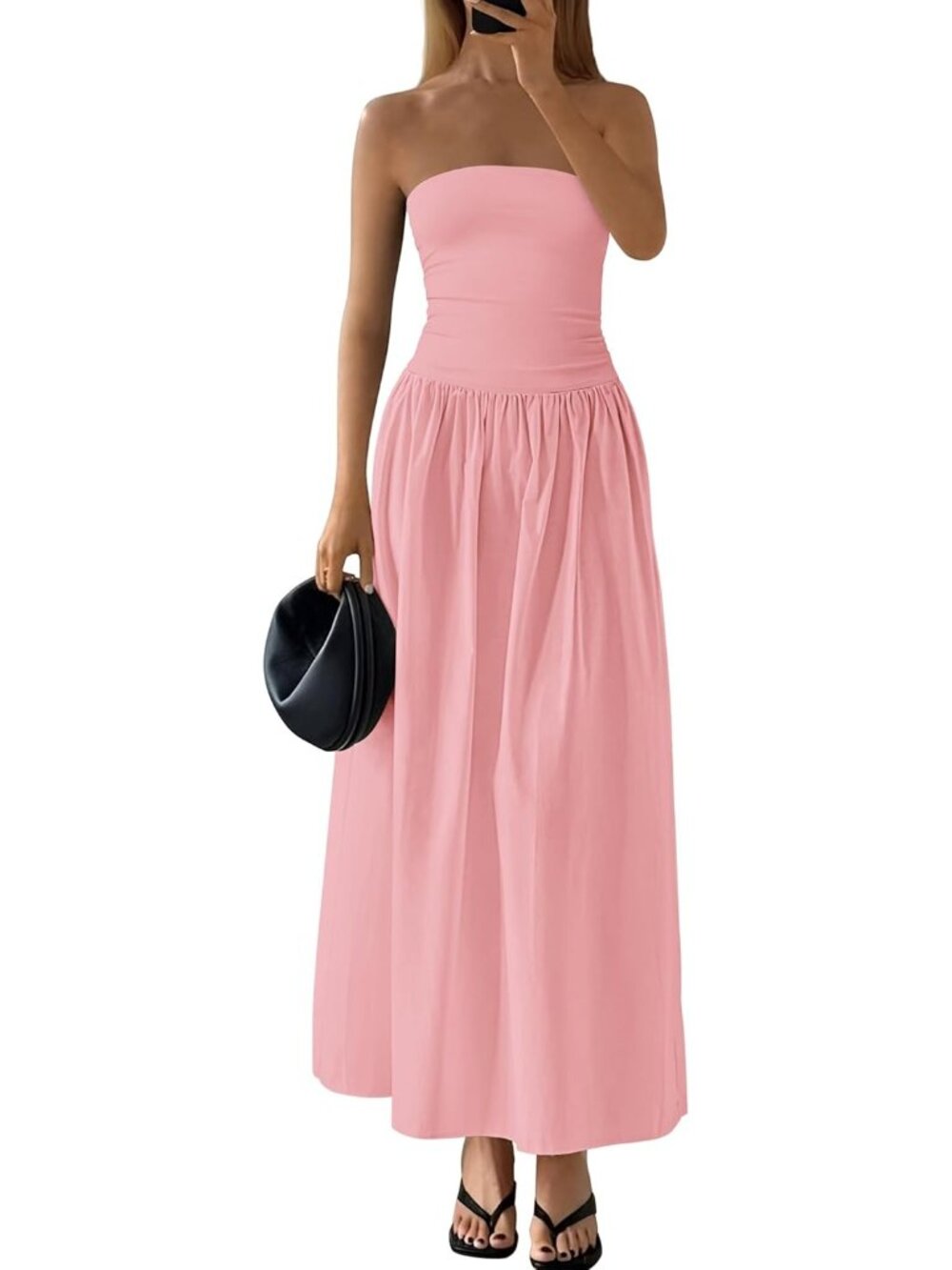 Women's Pink Summer Elegant Strapless Maxi Dress Tube Top Dress A Line Flowy
